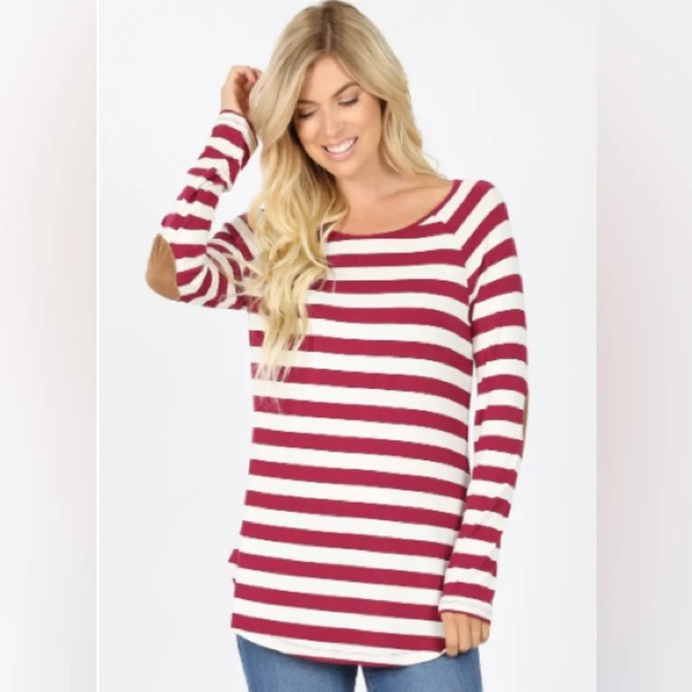 Boatneck mauve pink and white strip shirt with brown elbow patches